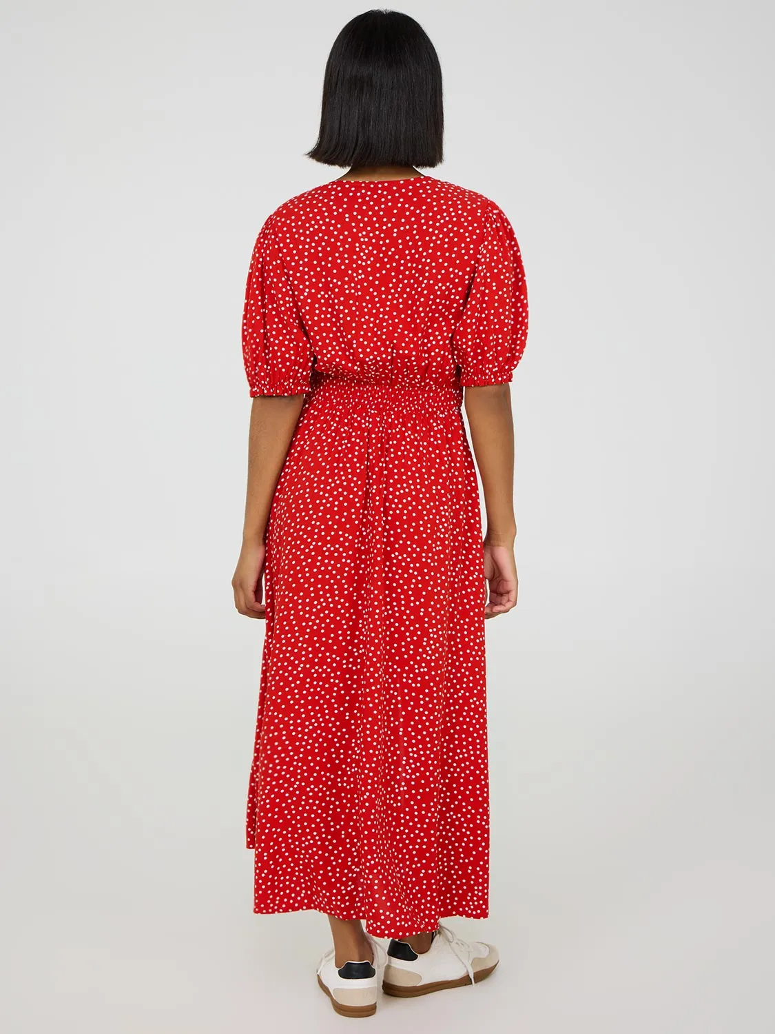 Dot Print Puff Sleeve Midi Dress varied style