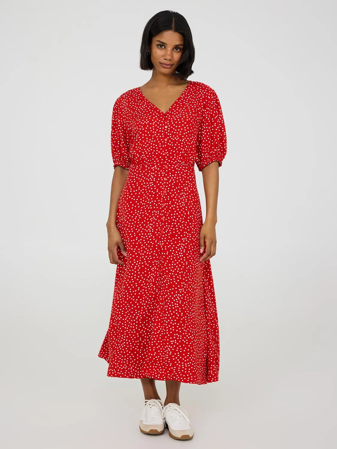 Dot Print Puff Sleeve Midi Dress comfort experience