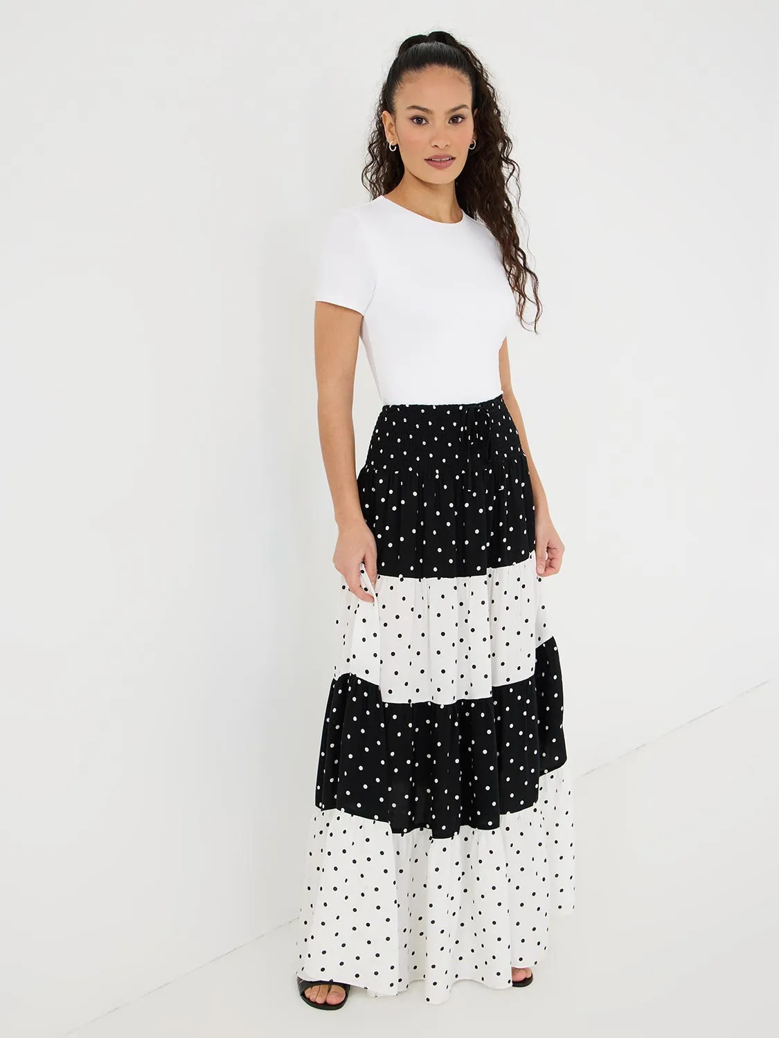 Dot Print Tiered Maxi Skirt comfy loose