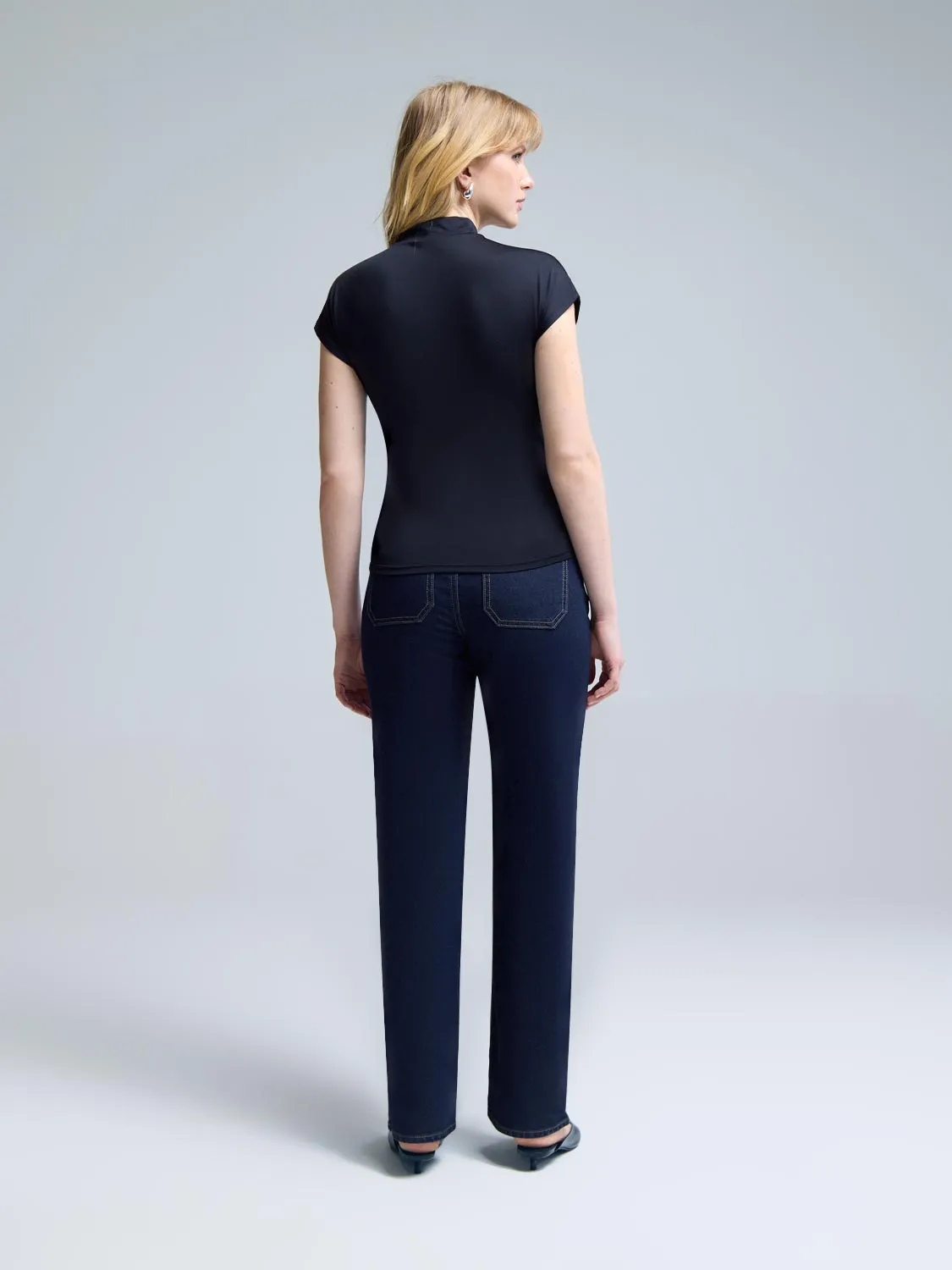 Double Layer Ruched Mock Neck Top Essential Edit