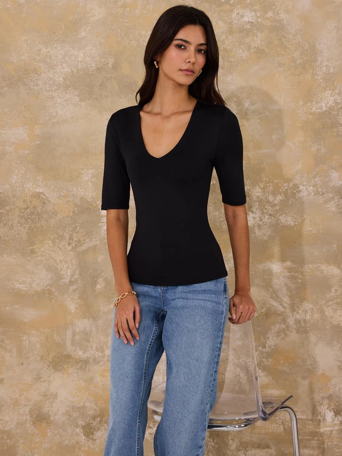 Double Layer V-Neck Elbow Sleeve Top Feel Effortless