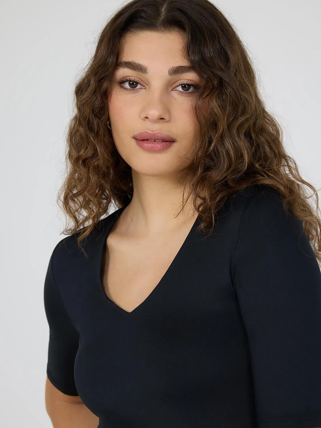Double Layer V-Neck Elbow Sleeve Top Relaxed Style