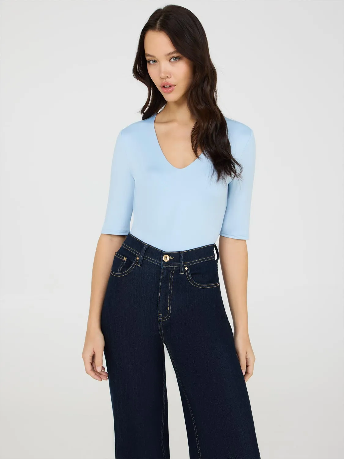 Double Layer V-Neck Elbow Sleeve Top Travel Essential