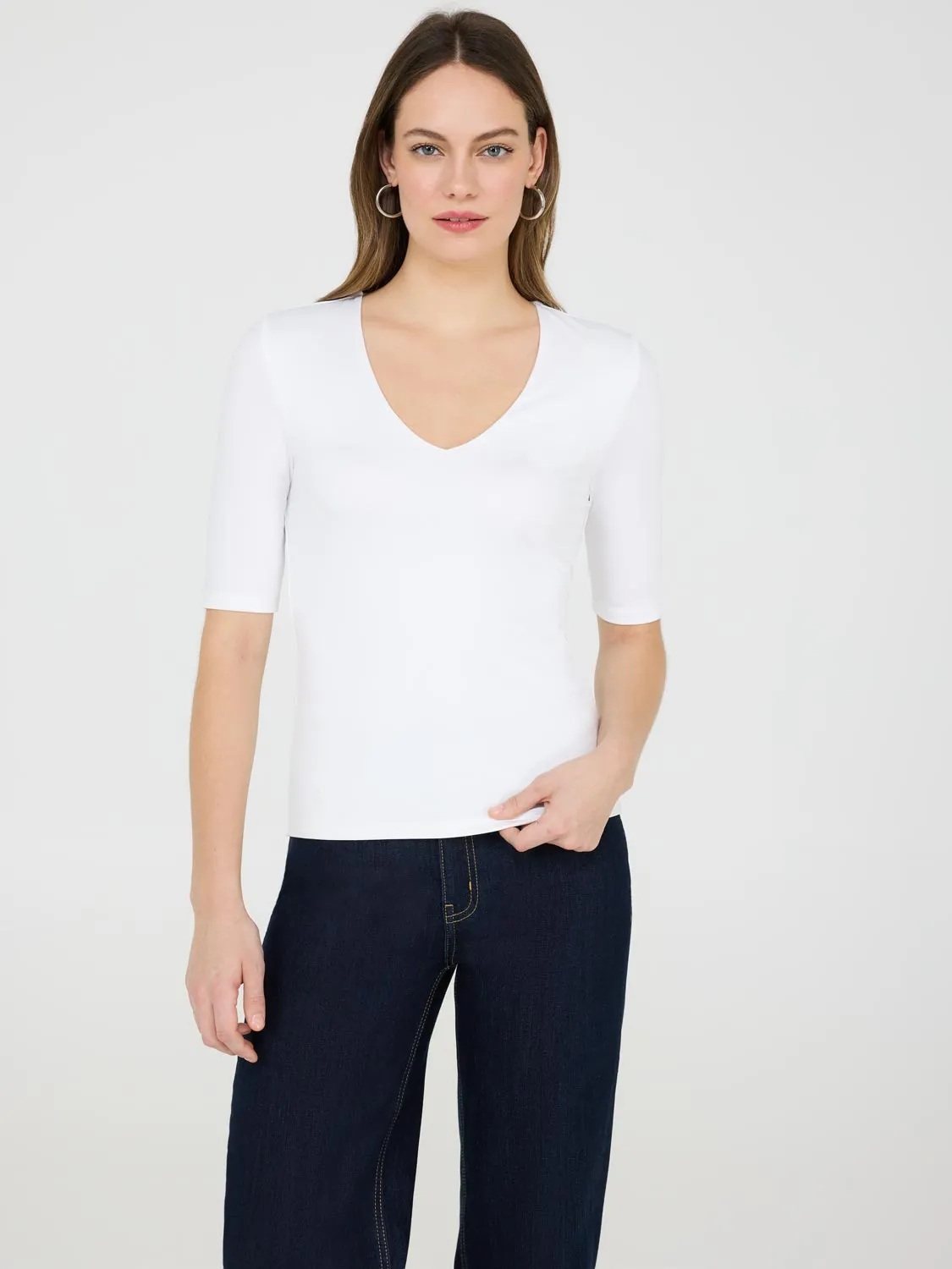 Double Layer V-Neck Elbow Sleeve Top Feel Confident
