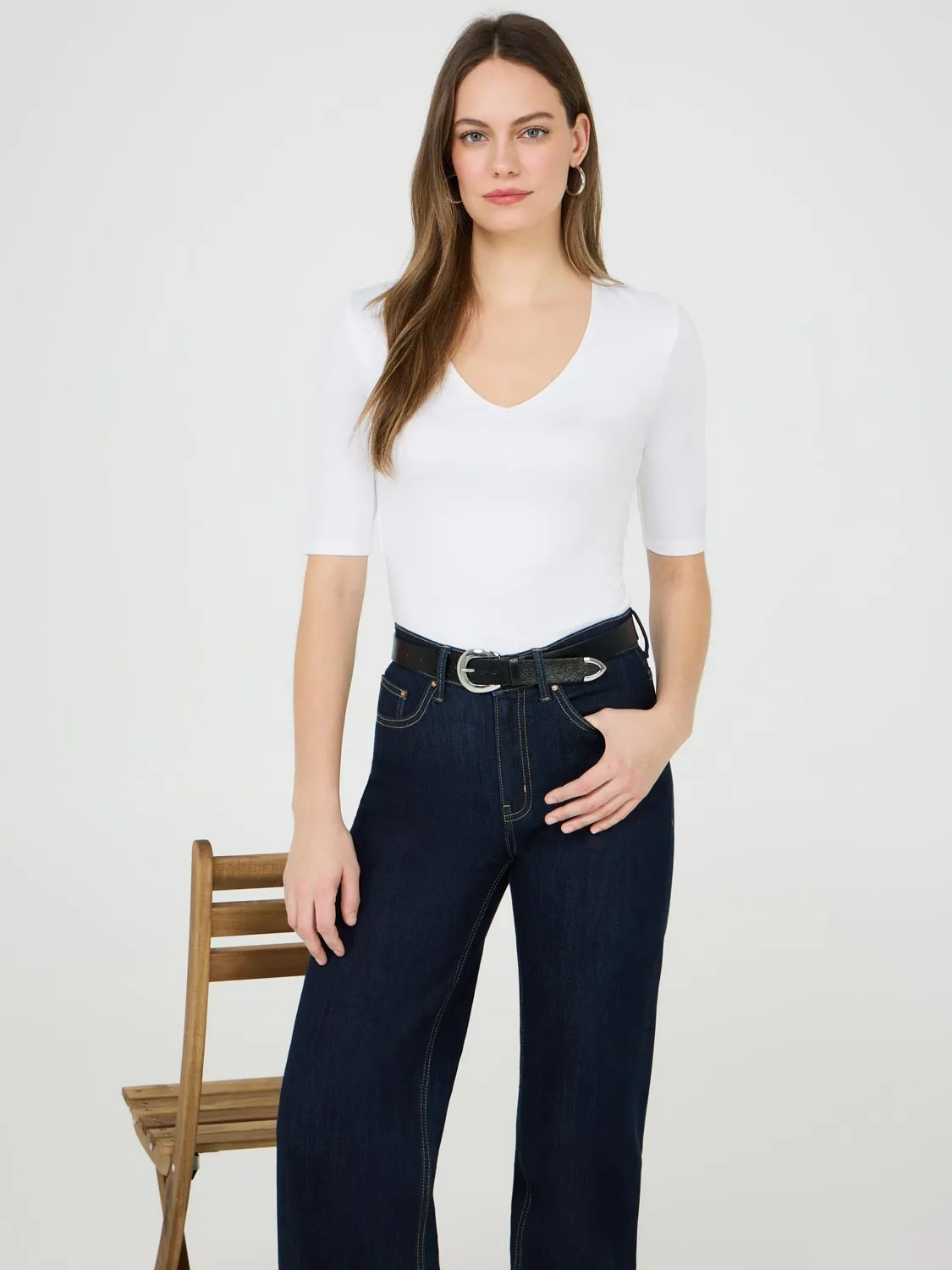 Double Layer V-Neck Elbow Sleeve Top Coffee Ready