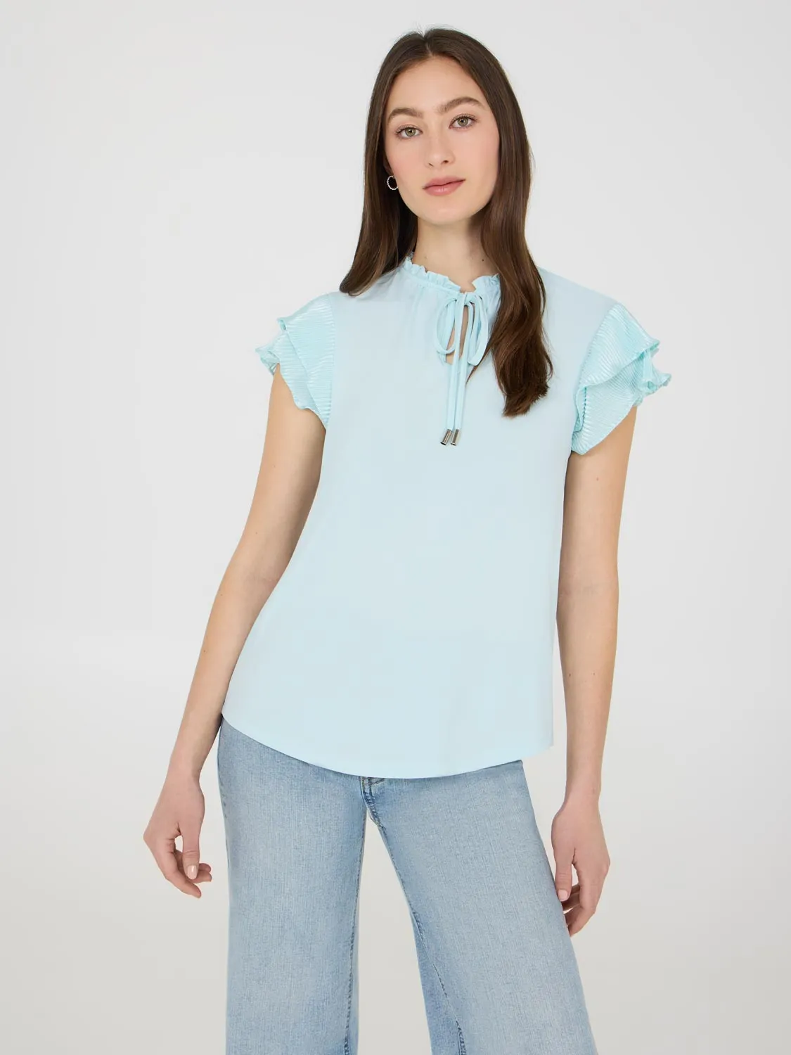 Double Ruffle Sleeve Top With Front Keyhole Walk Boldly