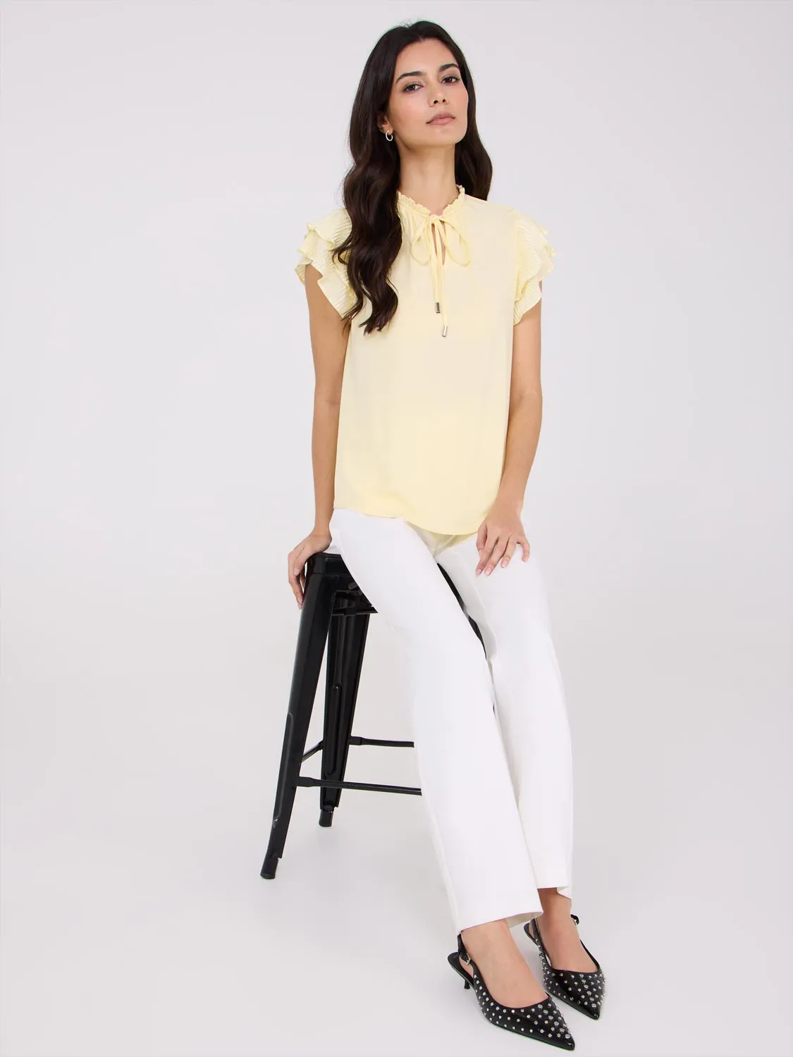 Double Ruffle Sleeve Top With Front Keyhole Fun Wear