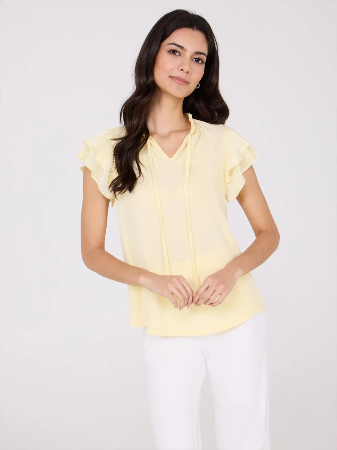 Double Ruffle Sleeve Top With Front Keyhole Look Confident