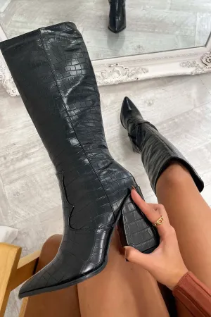Edora Knee-High Boot - Black Croc street fashion