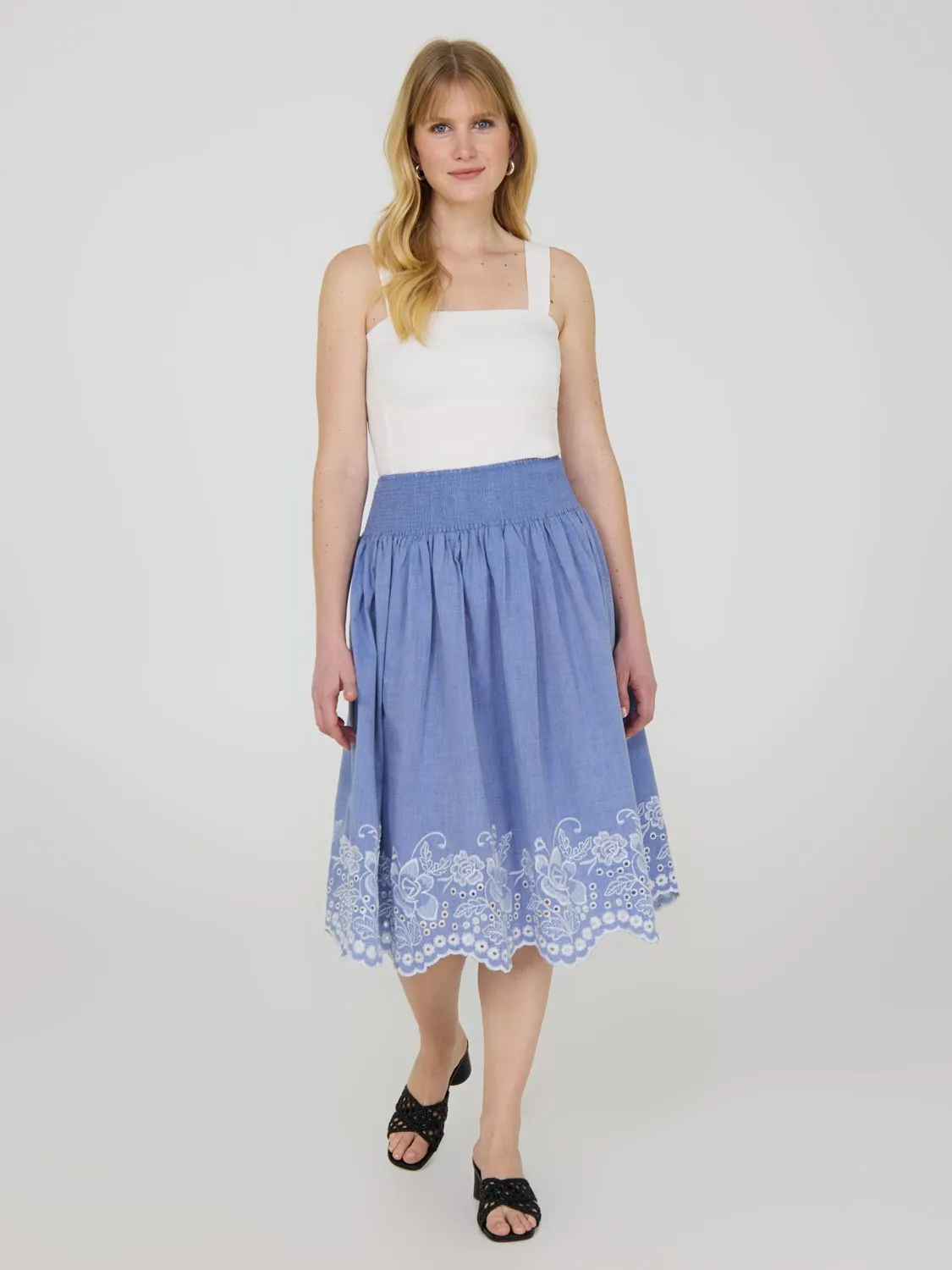 Embroidered Cotton Midi Skirt skin soft