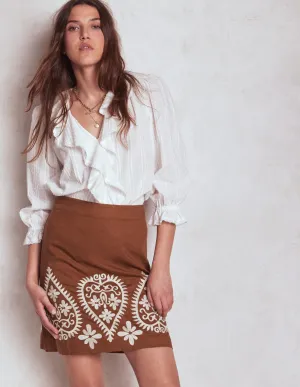 Embroidered Linen Skirt-Russet Embroidery sporty casual