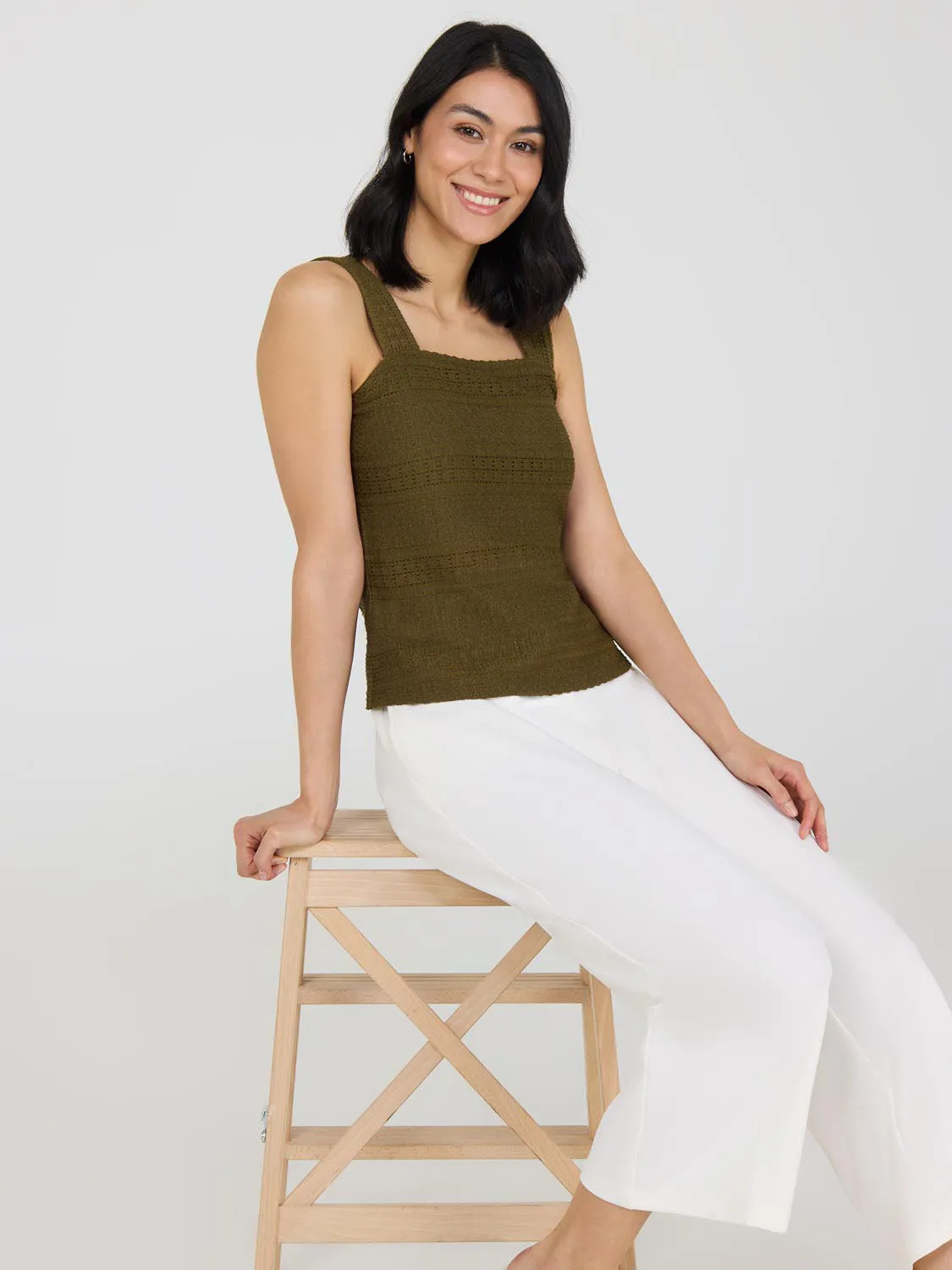 Eyelet Crochet Wide Strap Tank Top stay cool