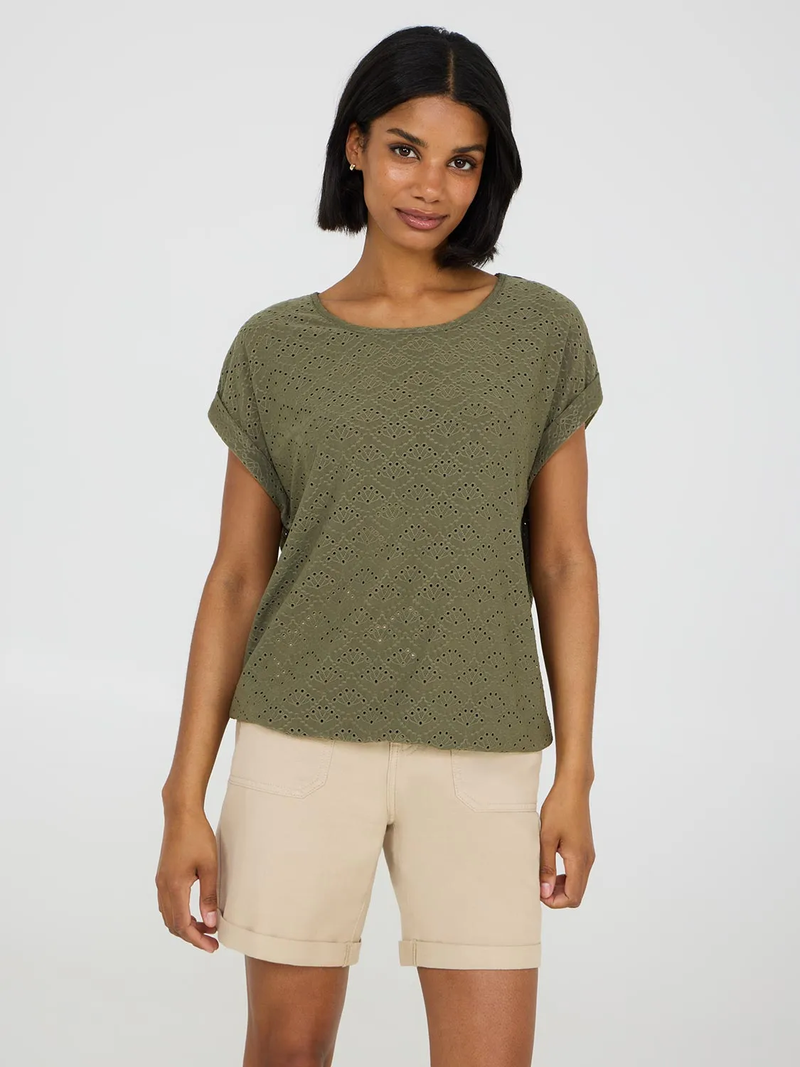 Eyelet Cuffed Dolman Sleeve T-Shirt Stay Simple