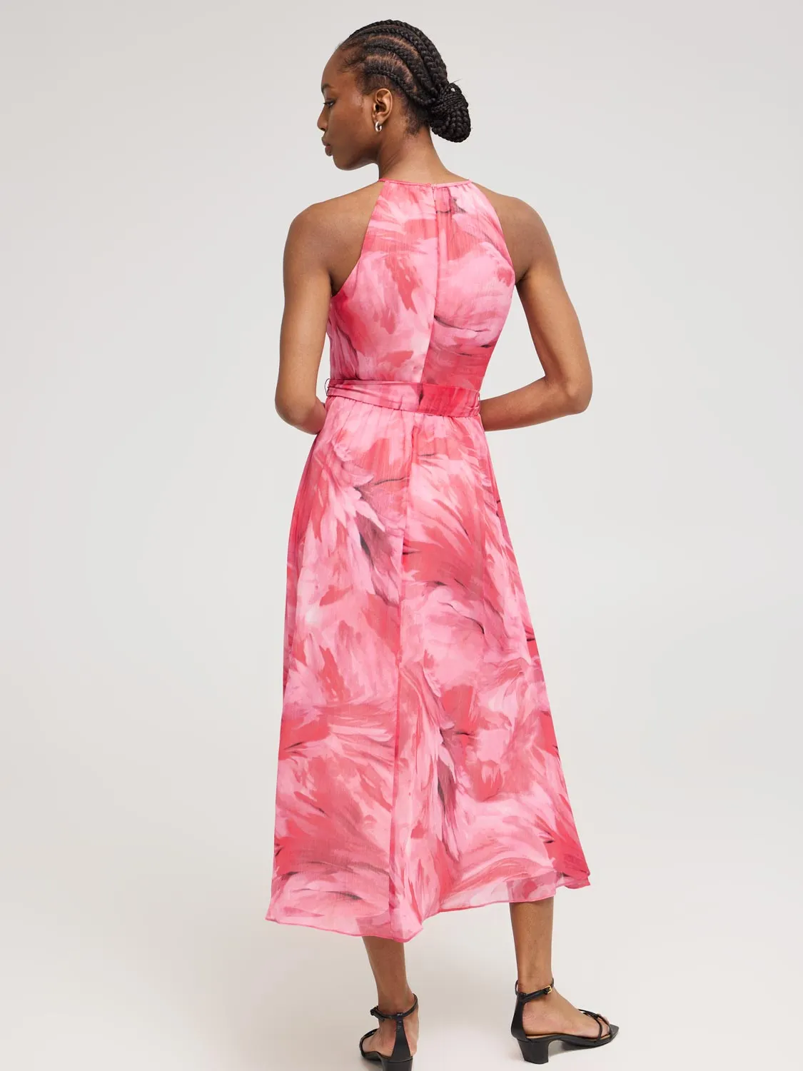 Feather Print Halter Chiffon Dress business pick