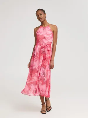 Feather Print Halter Chiffon Dress gentle style