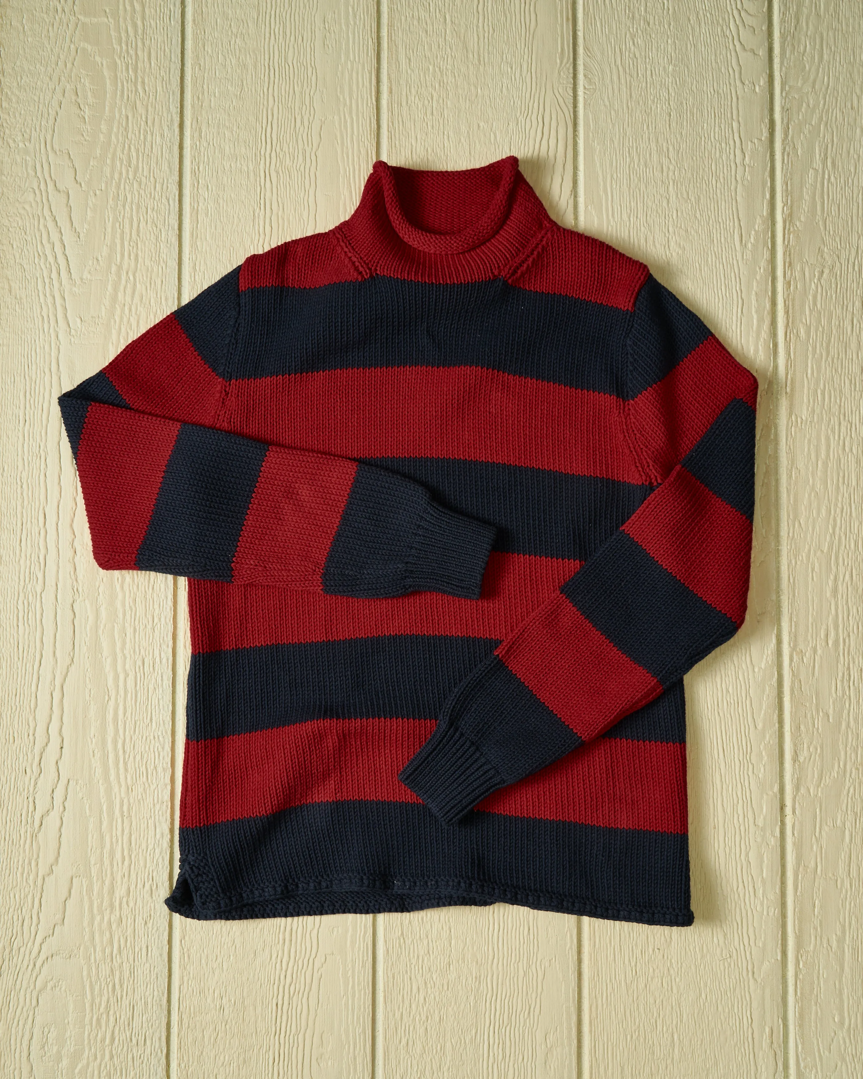 Fisherman's Sweater in Navy/Burgundy Stripe crisp air