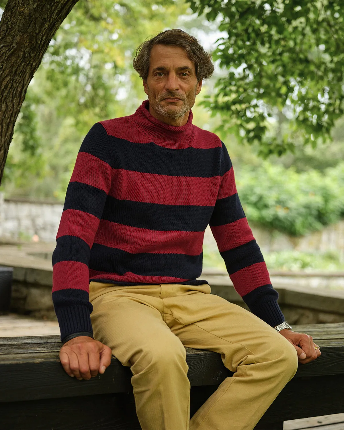 Fisherman's Sweater in Navy/Burgundy Stripe chill base