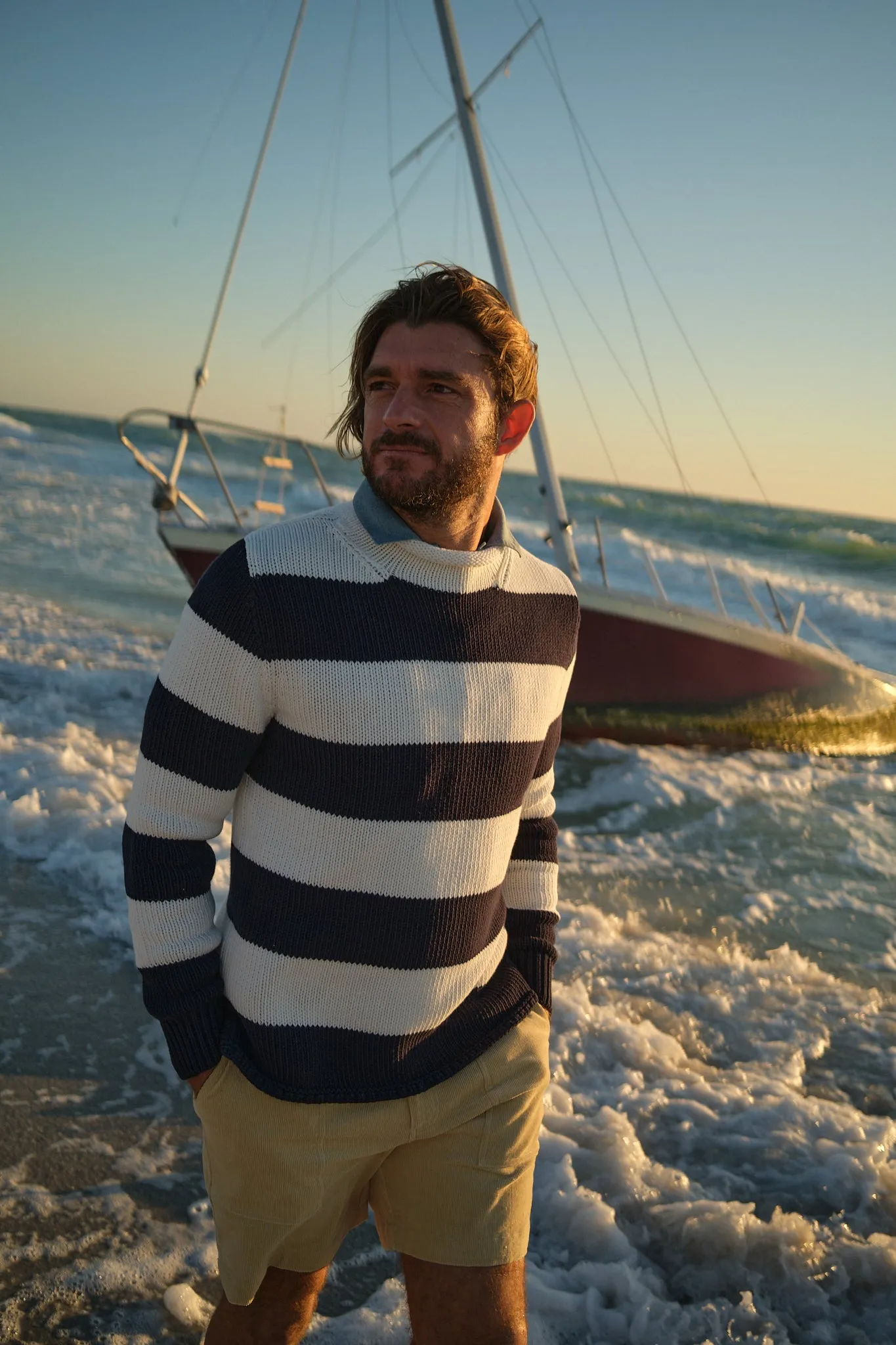 Fisherman's Sweater in Navy/Egret Stripe touch soft