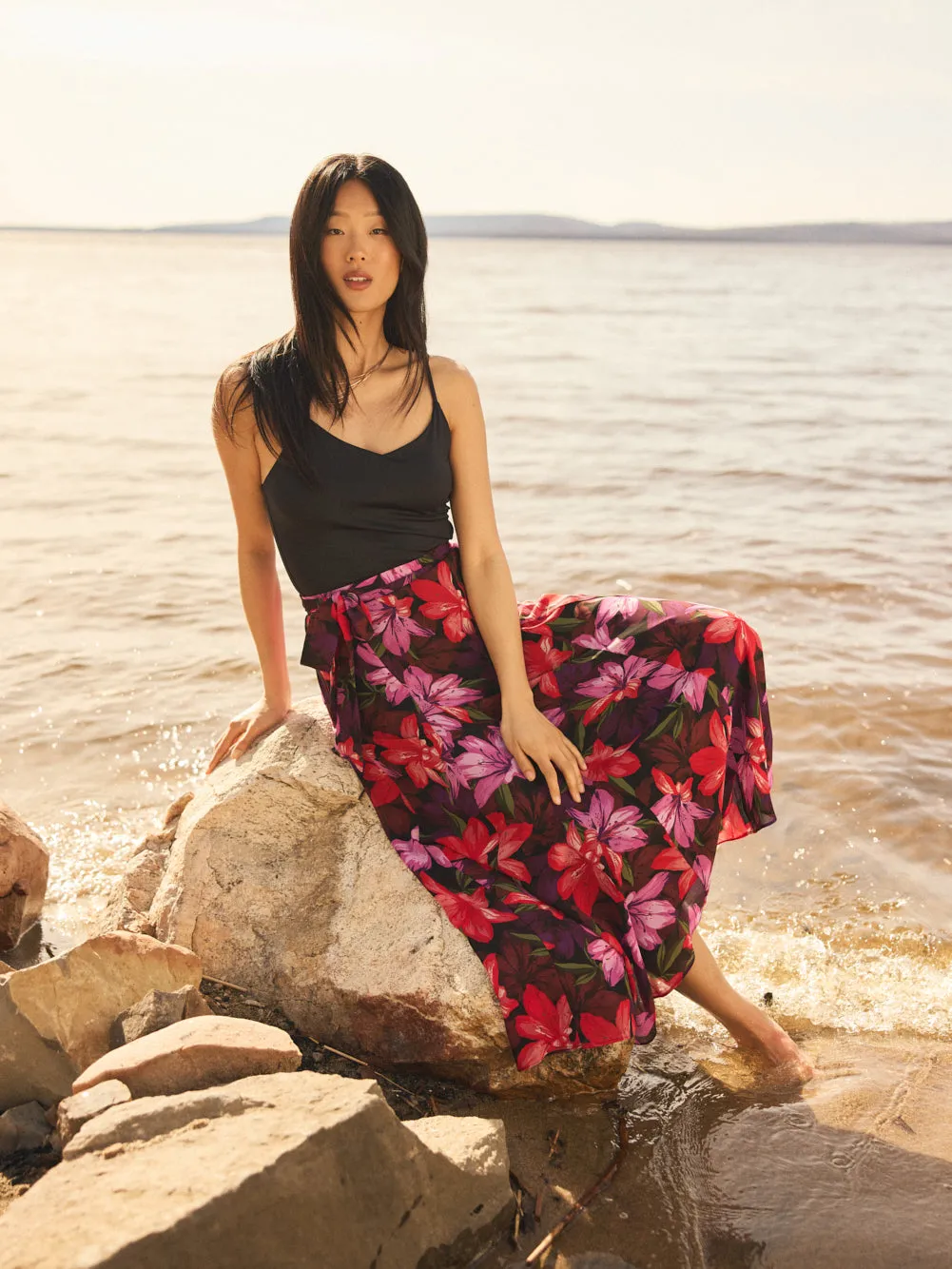 Floral Chiffon Long Skirt With Front Sash energetic vibe