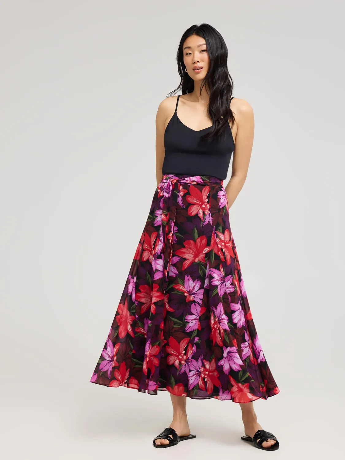 Floral Chiffon Long Skirt With Front Sash soft touch