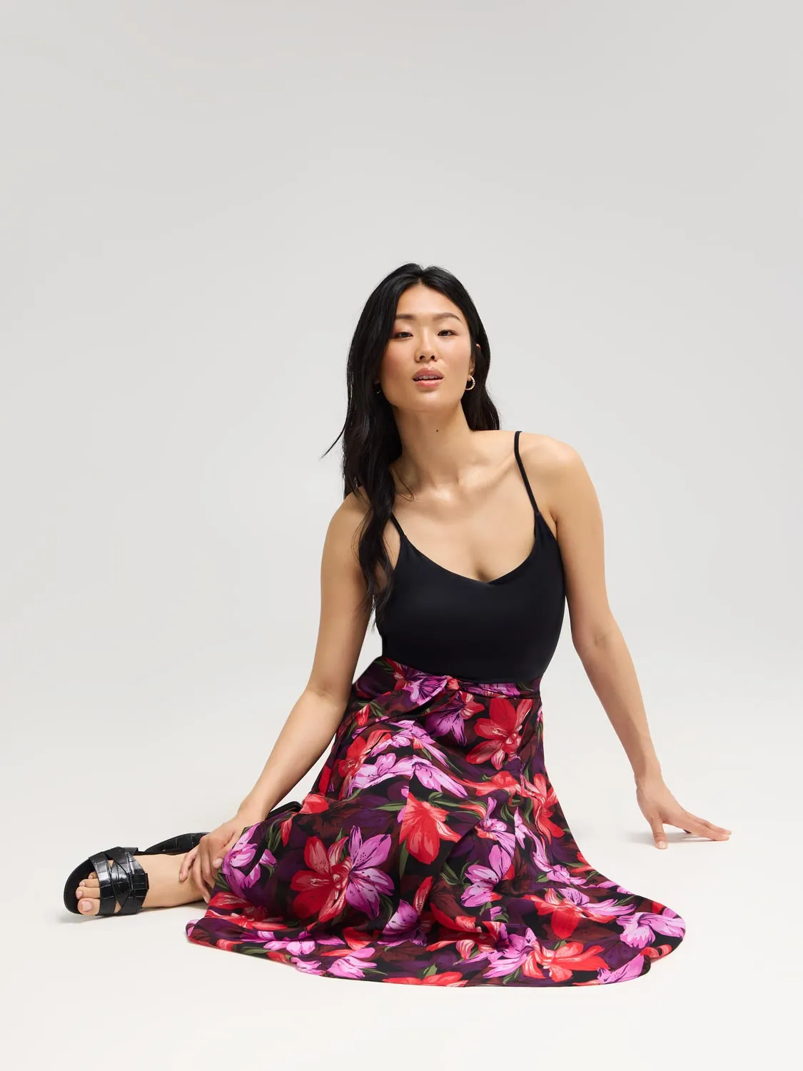 Floral Chiffon Long Skirt With Front Sash trend active