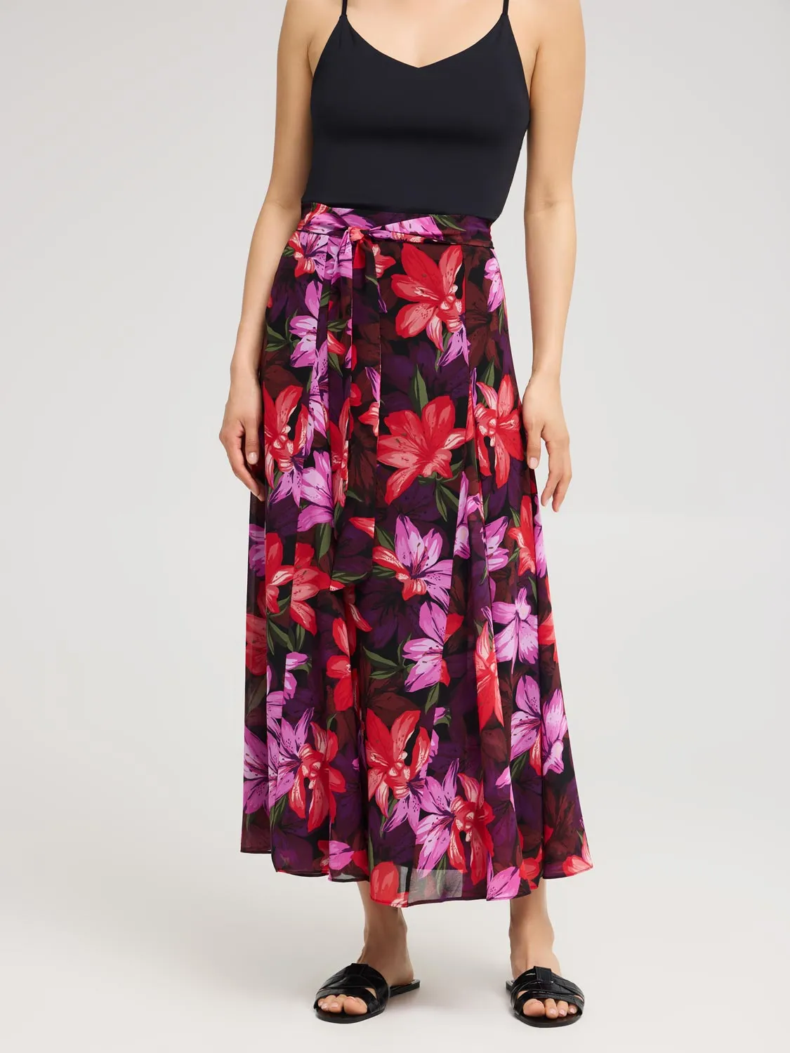 Floral Chiffon Long Skirt With Front Sash snug fit