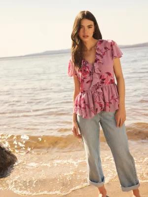 Floral Flutter Sleeve Tie-Front Blouse Casual Edge