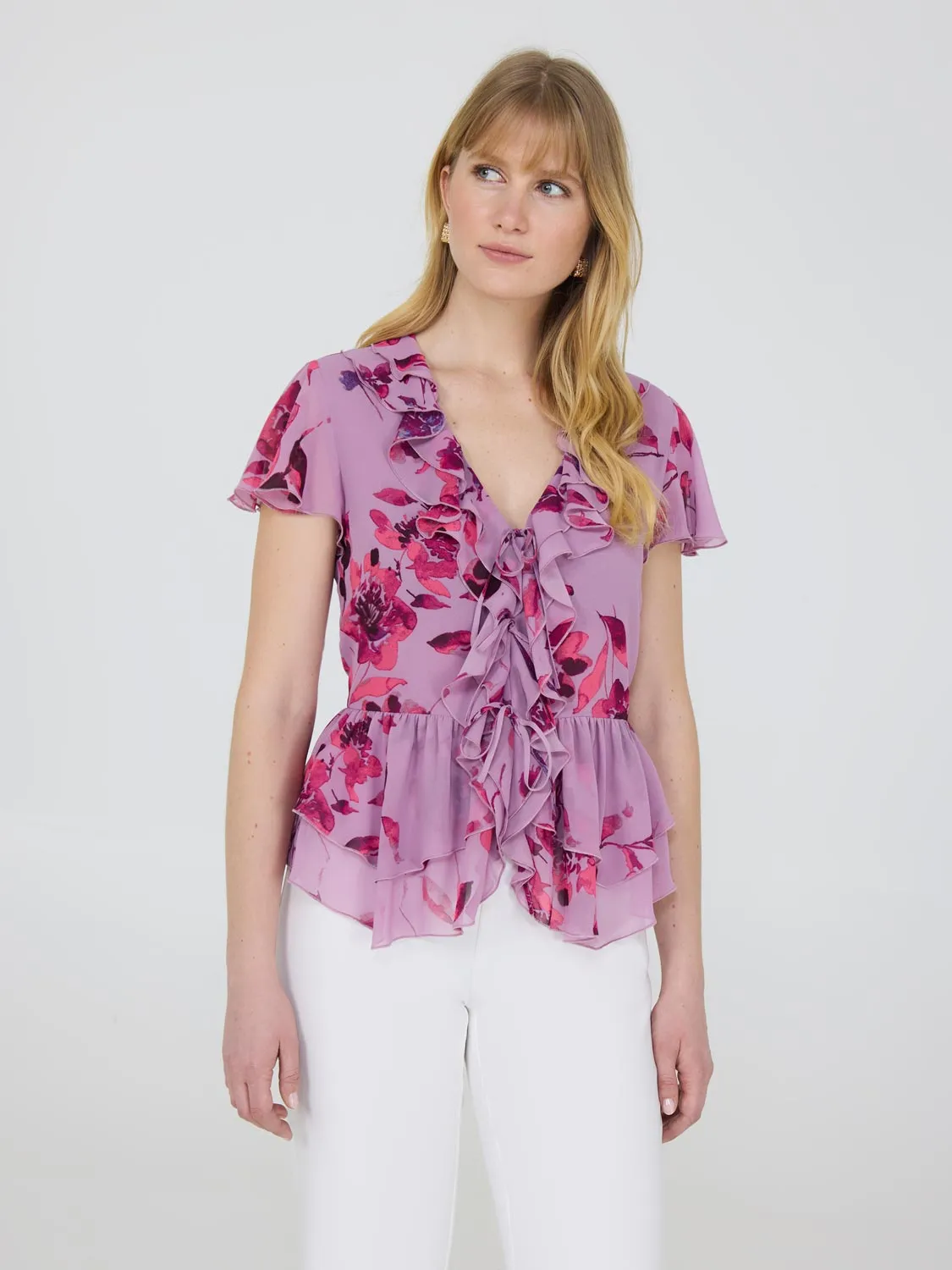 Floral Flutter Sleeve Tie-Front Blouse Just Vibe