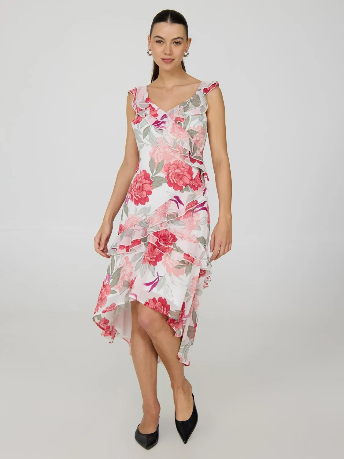 Floral High-Low Ruffle Chiffon Dress spring fashion