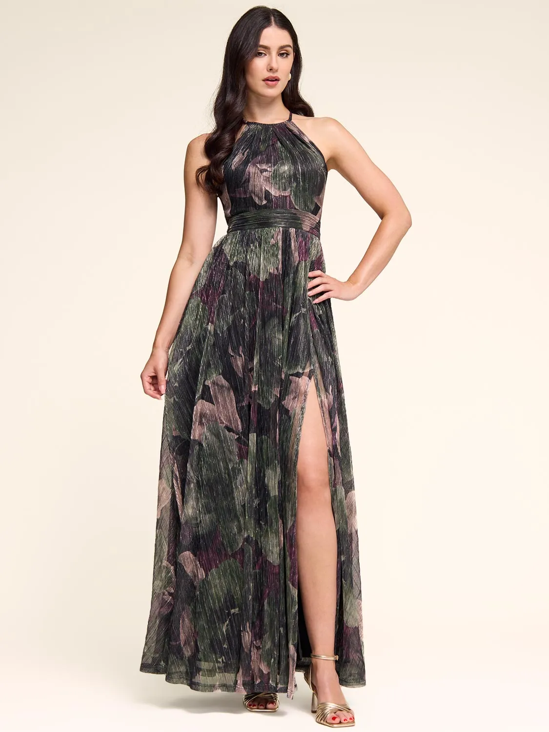 Floral Metallic Crinkle Knit Halter Neck Gown haute couture