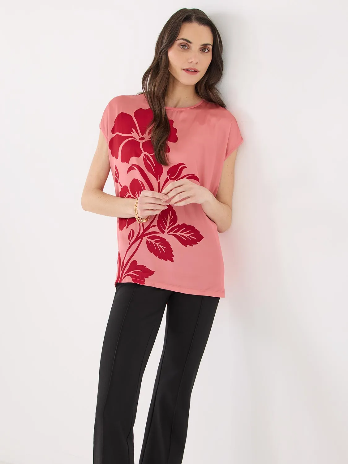 Floral Placement Dolman Sleeve Satin Top Street Cool
