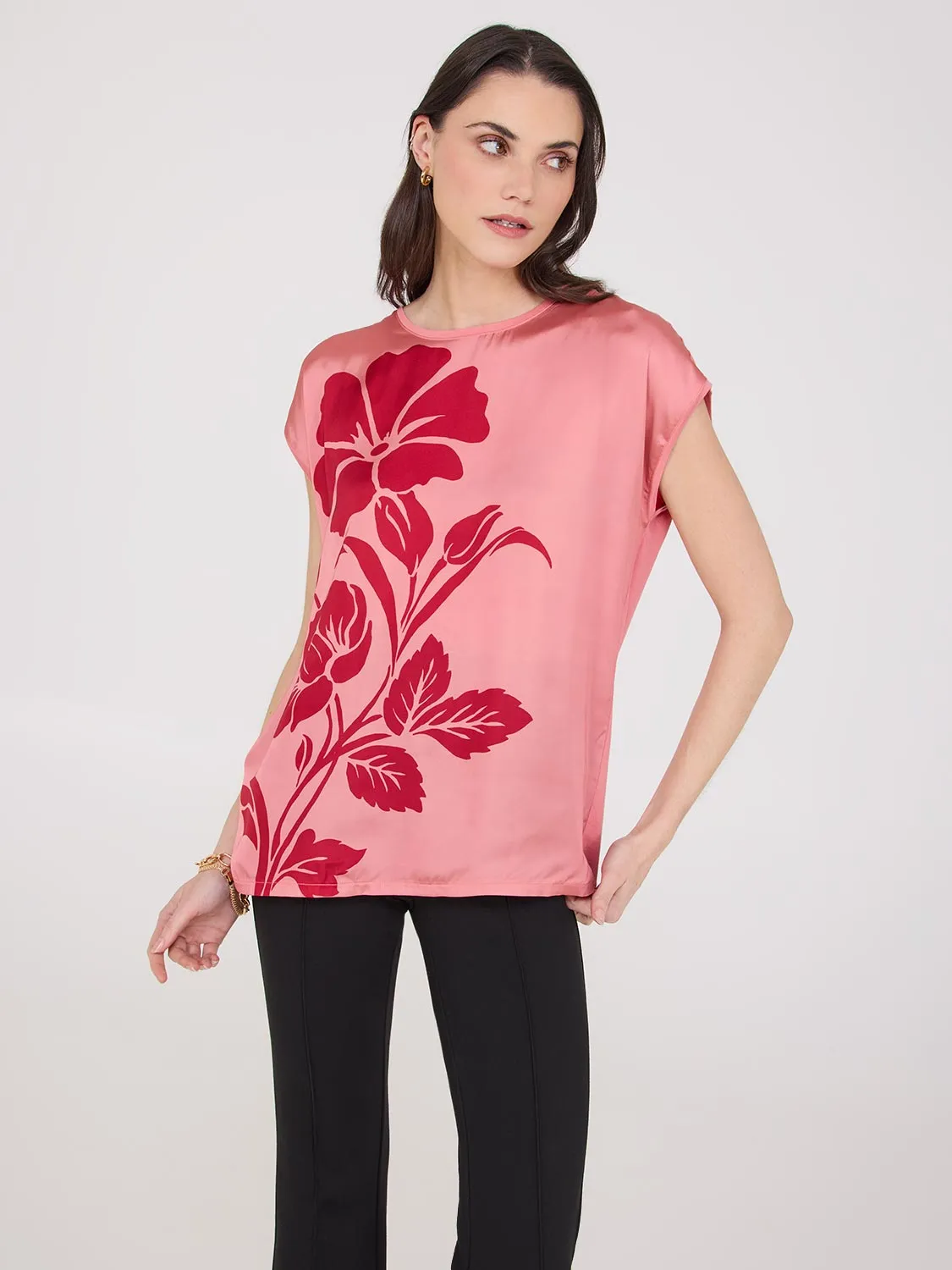 Floral Placement Dolman Sleeve Satin Top Minimal Moves