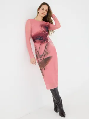 Floral Placement Mesh Midi Column Dress elegant look