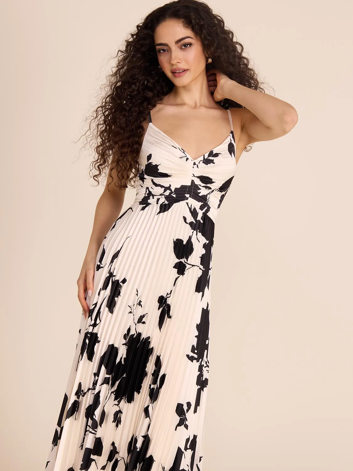 Floral Pleated Satin Gown off-shoulder