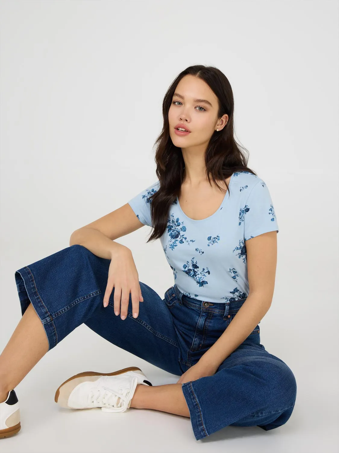 Floral Print Cap Sleeve T-Shirt Cool Basics