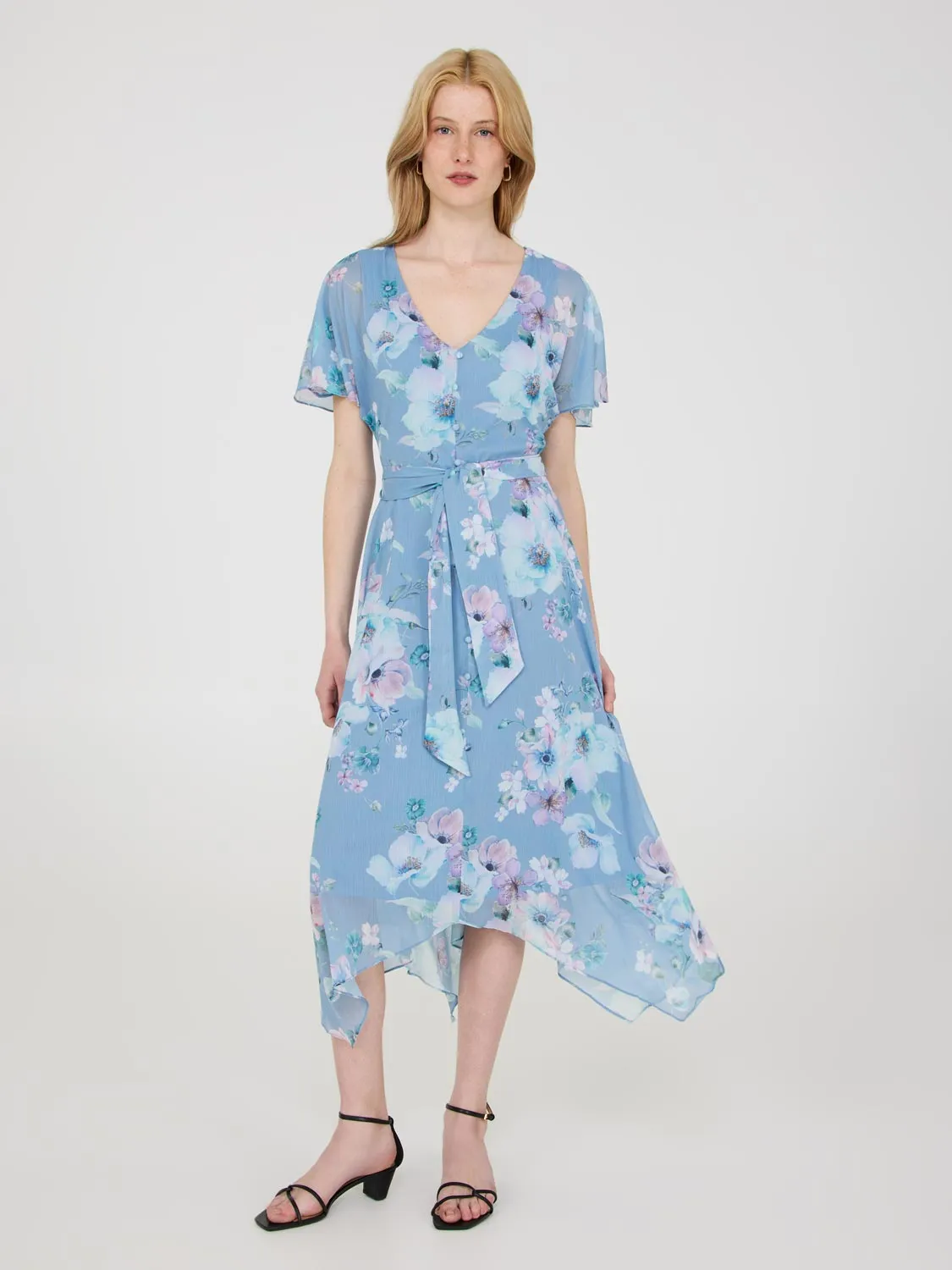 Floral Print Chiffon Handkerchief Hem Dress free match