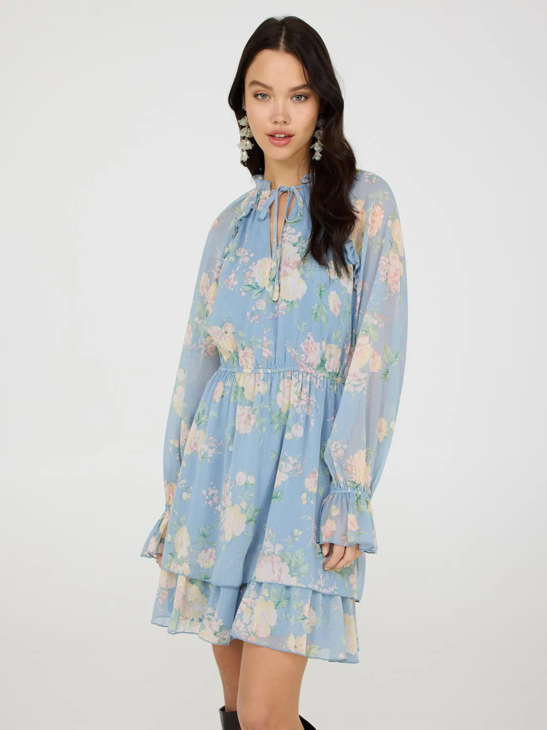 Floral Print Chiffon Mini Dress With Ruffle Details natural charm