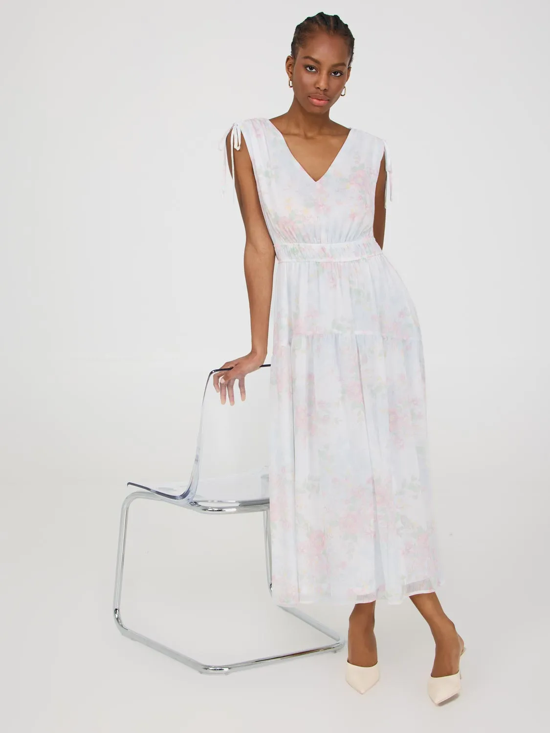 Floral Print Chiffon Tiered Midi Dress simple style