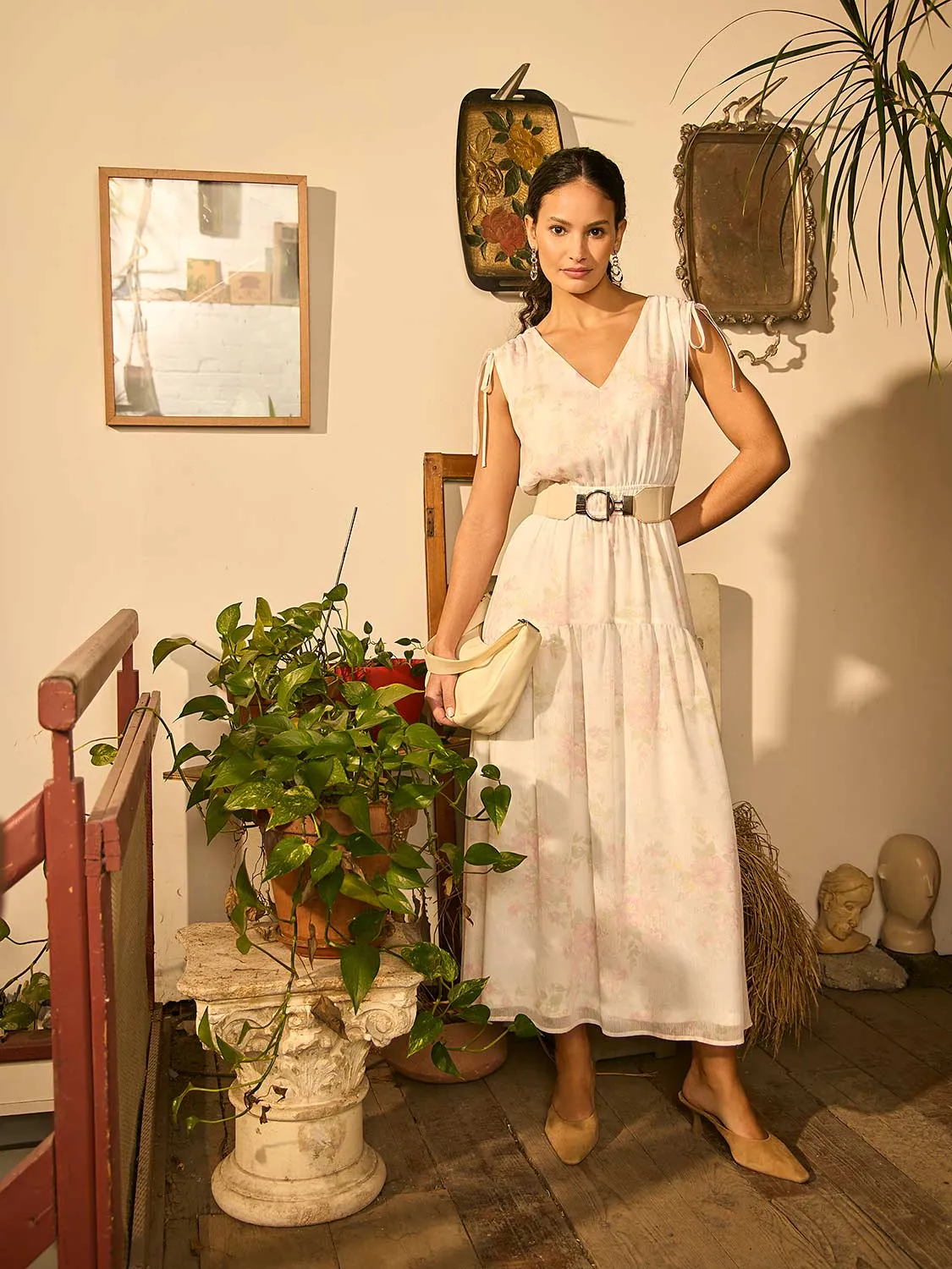 Floral Print Chiffon Tiered Midi Dress light touch