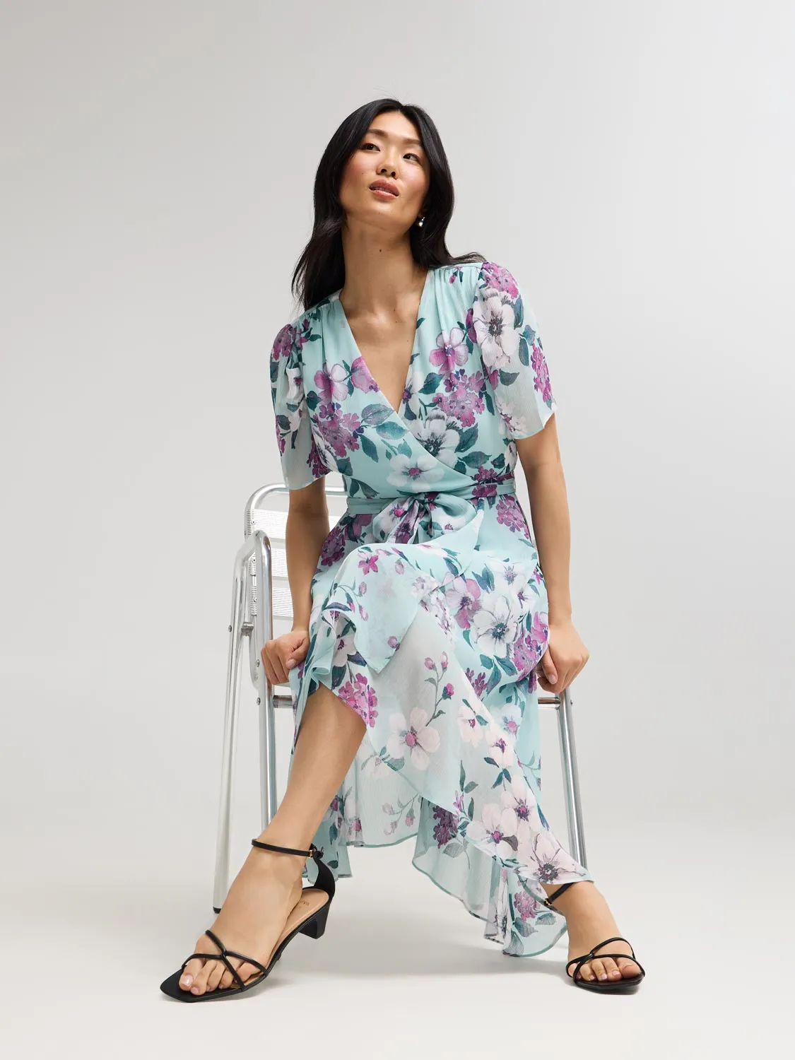 Floral Print Cross-Front High-Low Midi Dress lively charm