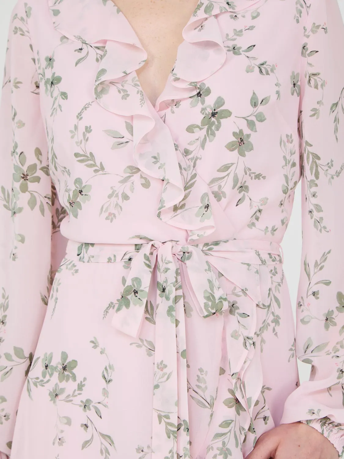 Floral Print Crossover Dress With Ruffle Details romantic mood