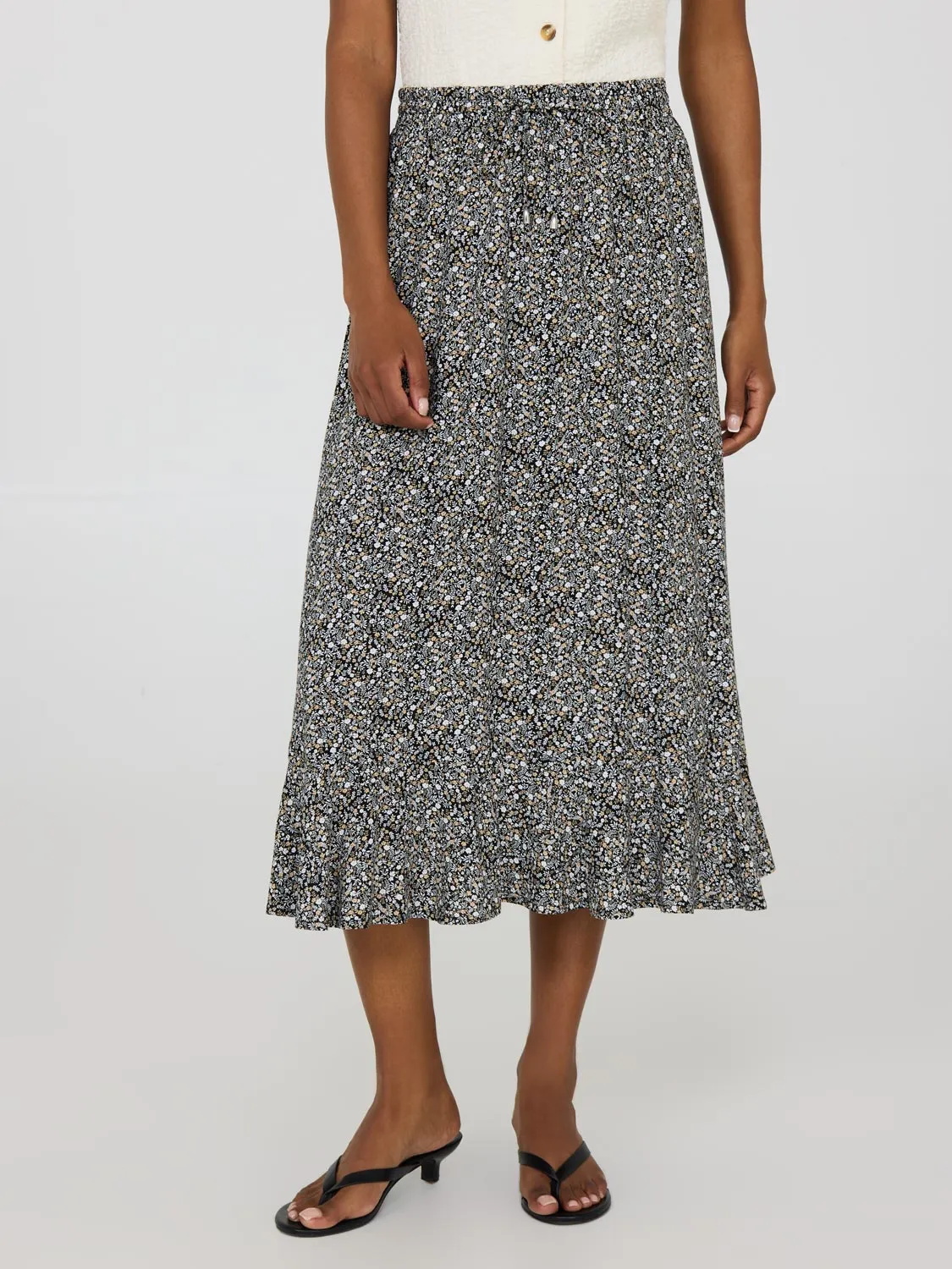 Floral Print Flounce Midi Skirt casual comfy
