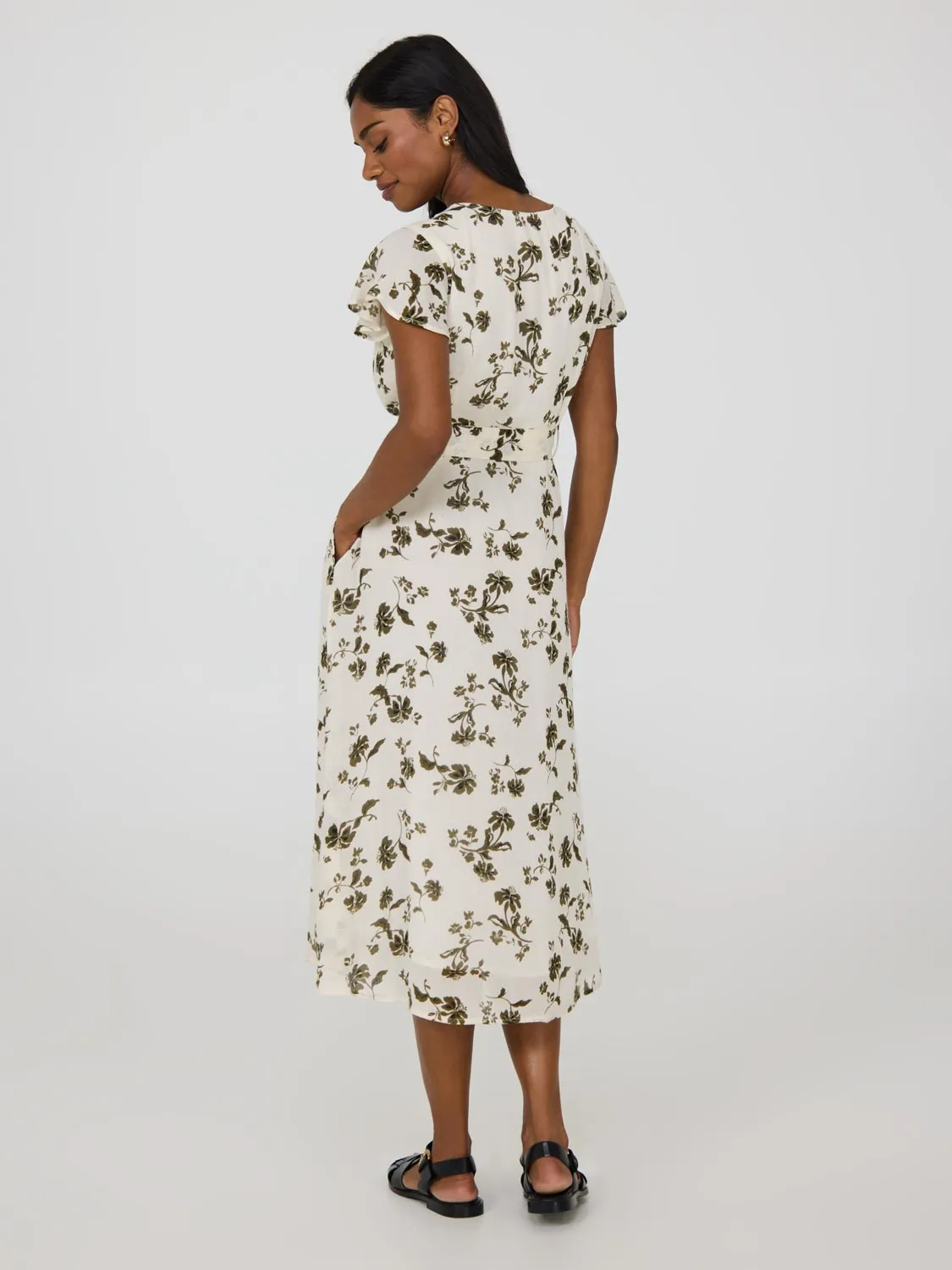 Floral Print Flutter Sleeve Button-Front Midi Dress refined detail