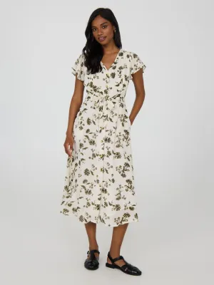 Floral Print Flutter Sleeve Button-Front Midi Dress classic match
