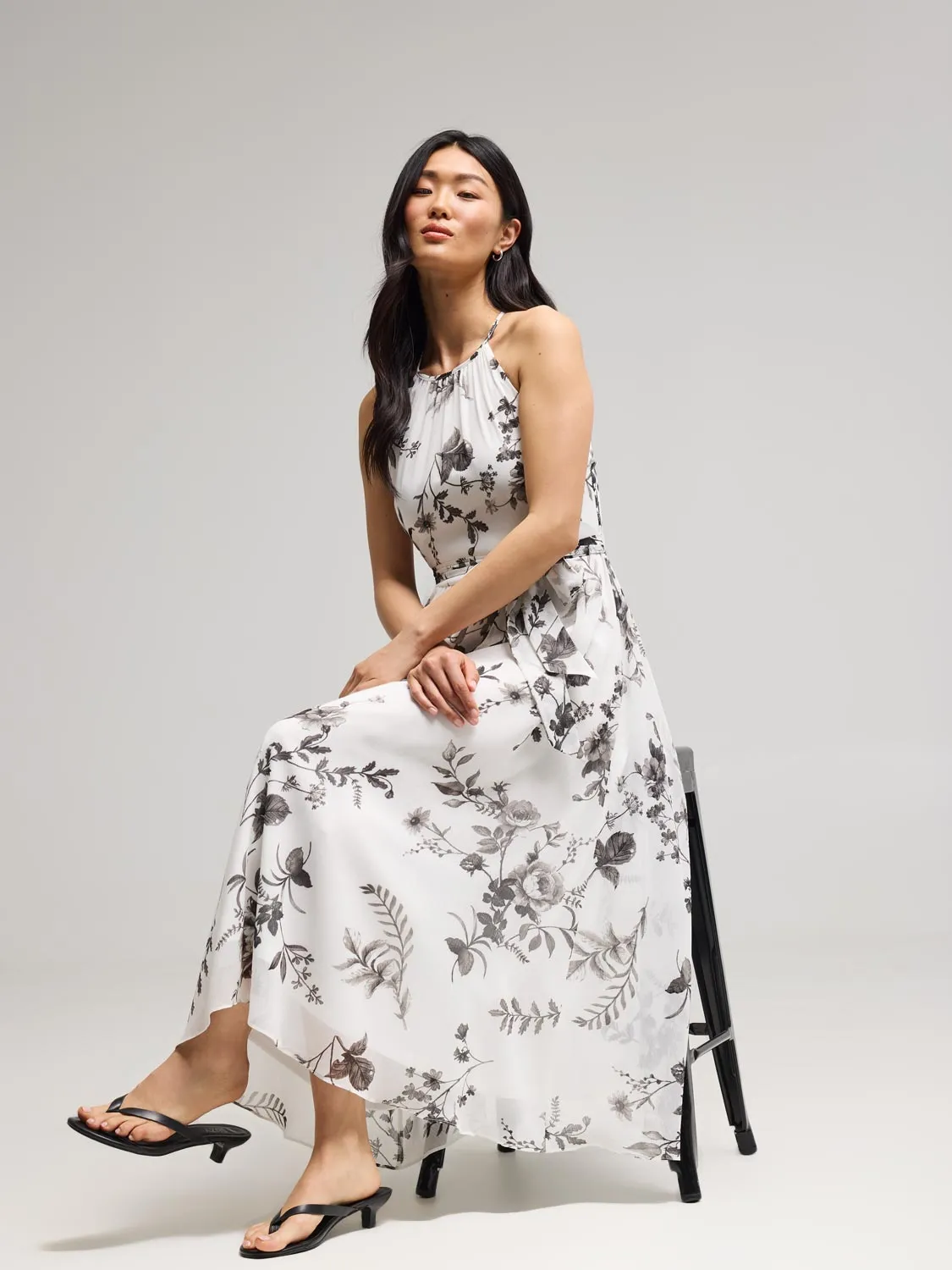 Floral Print Halter Chiffon Dress light comfort