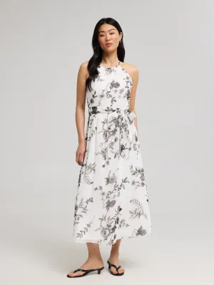 Floral Print Halter Chiffon Dress multi-function design