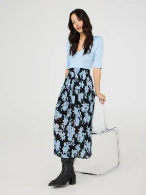 Floral Print Pleated Chiffon Midi Skirt fine texture