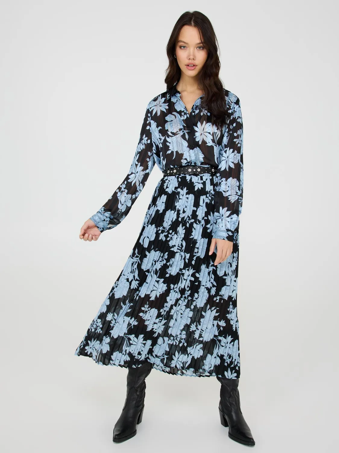Floral Print Pleated Chiffon Midi Skirt luxe look