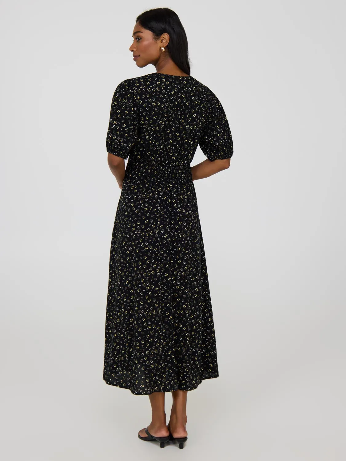 Floral Print Puff Sleeve Midi Dress romantic mood