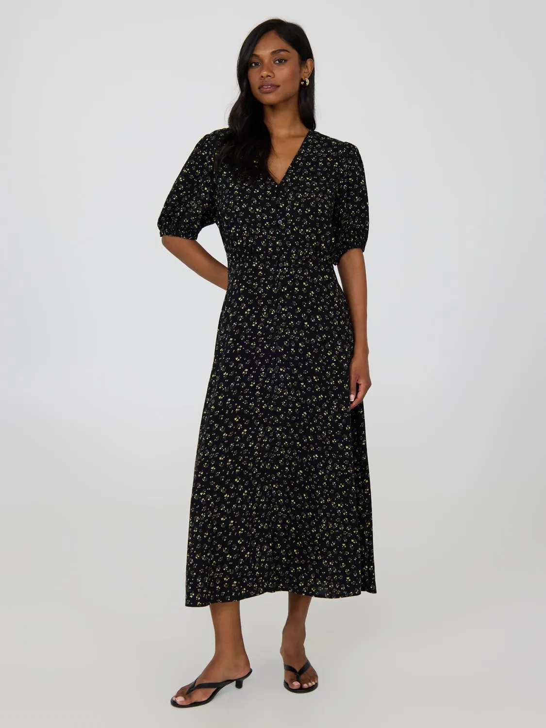 Floral Print Puff Sleeve Midi Dress cozy mood